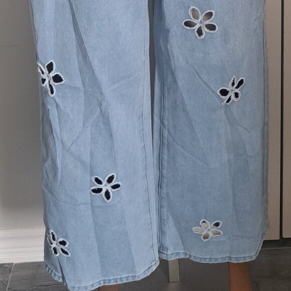 CIDER light blue jean overalls cut out floral wide leg western cowgirl festival - Picture 2 of 9